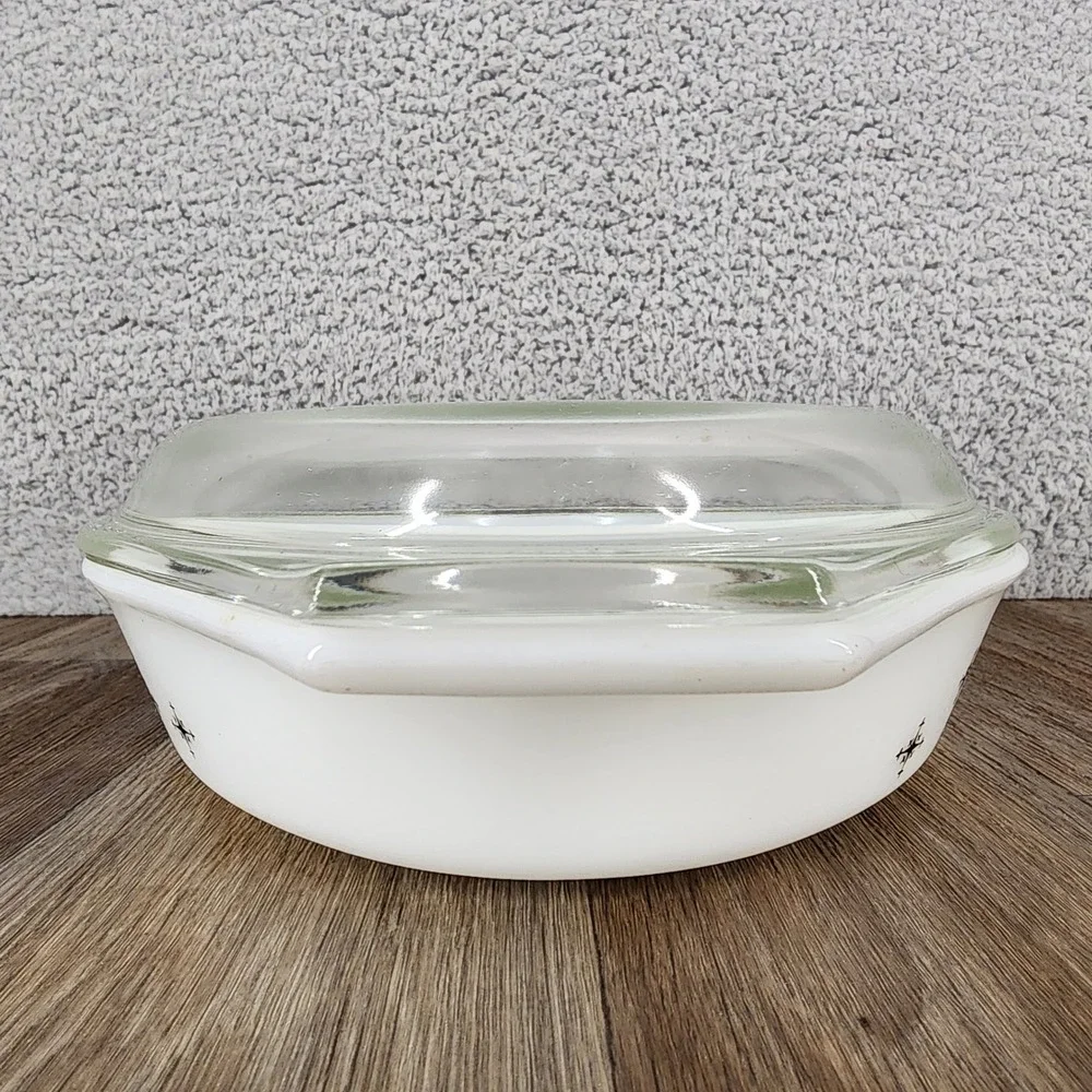 Vintage Pyrex Black Starburst Divided Casserole Dish 1.5 Qt with Lid 063 MCM